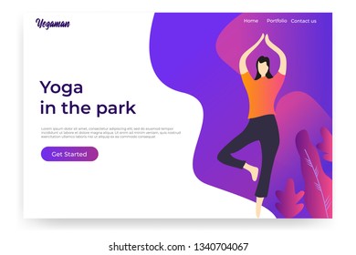 Woman does yoga exercise, yoga pose in the park Modern flat design concept of web page design for website, header and mobile. Flat Cartoon Vector Illustration.