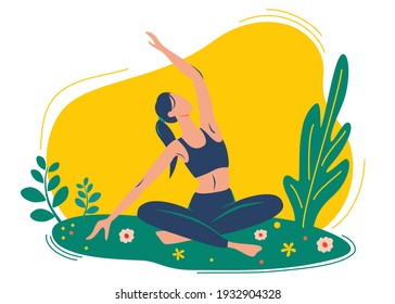 Woman does yoga exercise, pose. The concept of outdoor yoga. Yoga classes in nature. Healthy Lifestyle Concept. Web page template of Yoga School, Studio. Vector illustration