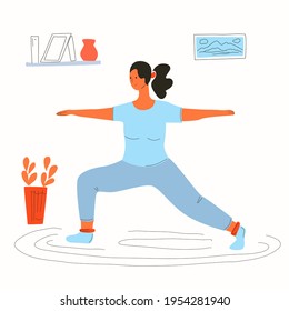 A woman does yoga at home. Doodle style and self-love theme