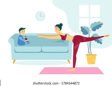 A woman does yoga at home. Mom and child doing exercises in the apartment. Vector concept.