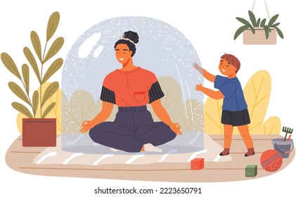 Woman does yoga at home. Mom and child doing exercises in apartment. Concept of personal time for parent for his hobby. Woman sitting under glass dome, meditates, defending herself from annoying boy