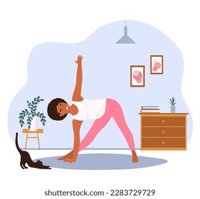 A woman does yoga at home in a room,keeps balance. Exercises for meditation, health, stretching. Vector flat graphics.