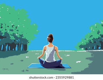 Una mujer hace una pose de yoga lotus en un parque a principios del verano rodeado de cielos azules, árboles y hierba. Una mujer meditando al aire libre. Mujer haciendo yoga o pilates en el parque.