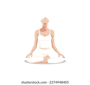 A woman does yoga in a lotus position on a white background. The concept of meditation, yoga and a healthy lifestyle. Faceless style. Vector illustration.