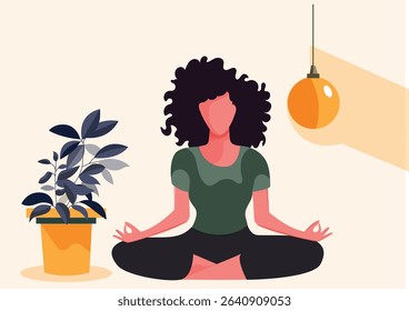 Woman does yoga, meditates home atmosphere. Woman in lotus position. Healthy lifestyle. The concept of taking care of your body and emotional health.