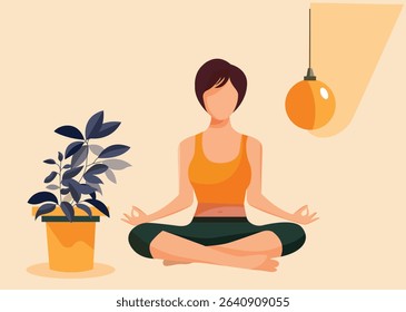 Woman does yoga, meditates home atmosphere. Woman in lotus position. Healthy lifestyle. The concept of taking care of your body and emotional health.