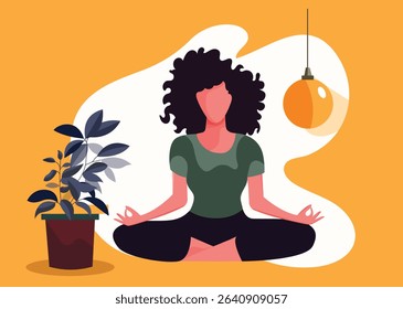 Woman does yoga, meditates home atmosphere. Woman in lotus position. Healthy lifestyle. The concept of taking care of your body and emotional health.