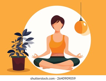 Woman does yoga, meditates home atmosphere. Woman in lotus position. Healthy lifestyle. The concept of taking care of your body and emotional health.