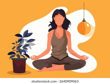 Woman does yoga, meditates home atmosphere. Woman in lotus position. Healthy lifestyle. The concept of taking care of your body and emotional health.