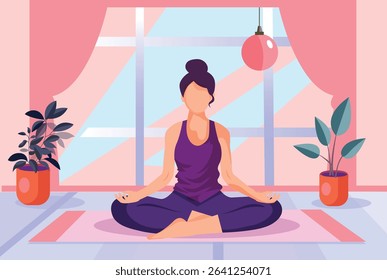 Woman does yoga, meditates home atmosphere. Woman in lotus position. Healthy lifestyle. The concept of taking care of your body and emotional health.