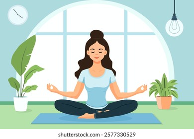 Woman does yoga, meditates and stretches on a mat in a cozy home atmosphere. Woman in lotus position. Healthy lifestyle. The concept of taking care of your body and emotional health.