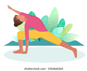 A woman does yoga in nature. The yoga pose is called 'triangle'. The concept of healthy living and yoga in nature. Flat. Cartoon style. Vector.