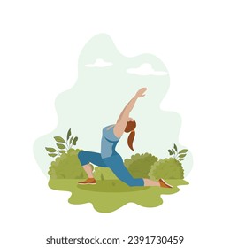 A woman does yoga in the Park. The concept of yoga outdoors. The practice of yoga in nature. Flat style. A healthy life style. A female cartoon character on a background of leaves and grass