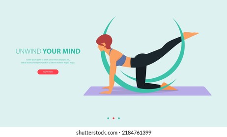 Woman does yoga pose or asana posture with yoga word. Exercise, workout for anywhere concept. Landing page template of yoga studio, center or yoga online class. Vector Illustration.