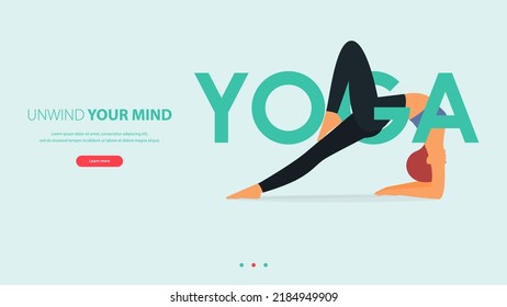 Woman does yoga pose or asana posture with yoga word. Exercise, workout for anywhere concept. Landing page template of yoga studio, center or yoga online class. Vector Illustration.