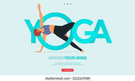 Woman does yoga pose, asana posture with YOGA word. Exercise, workout for yoga anywhere concept. Landing page template of health center, studio, yoga online class in flat design. Vector Illustration