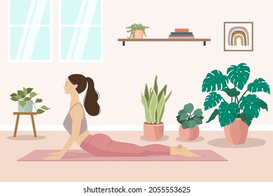 woman does yoga pose in botanical room vector illustration. flat illustration for heal care.