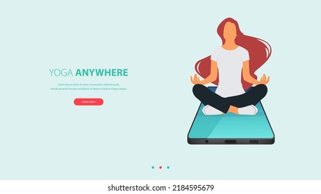 Woman does yoga pose or meditating on phone. Exercise, workout for yoga anywhere concept. Landing page template of yoga studio or yoga online class in flat design for website. Vector Illustration.