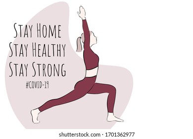 Woman does yoga in quarantine. Quarantine and and social distancing concept. Stay at home. COVID-19 coronavirus. Template for background, banner, poster with text inscription. Vector EPS10 illustration