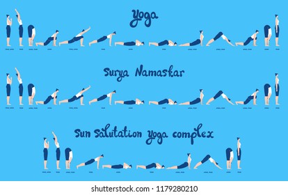 Woman does Yoga set, sun salutation complex. Surya Namaskar. instruction of yoga poses and asanas with breath