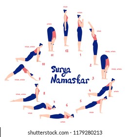 Woman does Yoga set, sun salutation complex. Surya Namaskar. instruction of yoga poses and asanas with breath