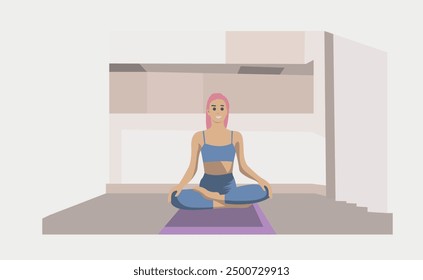 A woman does yoga while sitting on a mat at home. Concept for a healthy lifestyle and psychological health. Illustration in flat style.