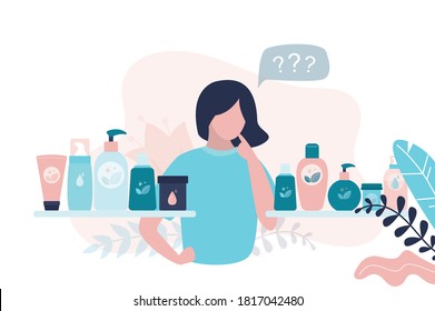 Woman doesn't know what to choose from environmentally friendly cosmetics. Various organic products are on shelves. chooses natural beauty care product. Trendy flat vector illustration