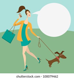 A woman with a dog and  bubble for speech . Vector illustration.