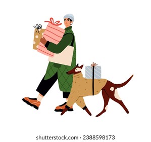 Woman and dog carrying Christmas gifts, present boxes on winter holidays. Happy girl and canine animal preparing for Xmas, New Year. Flat graphic vector illustration isolated on white background