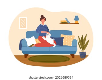 Woman with dog concept. Female character sitting on soft sofa and hugs her favorite pet. Friendship between animal and person. Cartoon modern flat vector illustration isolated on white background