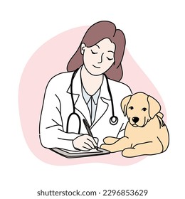 mujer, perro, doctor, niña, caricatura, animal, salud, médico, feliz, línea, hospital, medicina, salud, doodle, persona, dibujo, trabajador, chequeo, mascota, estetoscopio, trabajo, cuidado, canina, clínica, paciente, c