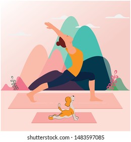 Woman and dog doing yoga in nature