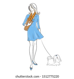 Woman with a dog. French baguette. Vector.