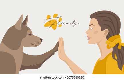 Escena de saludos de mujeres y perros. Amistad. Una persona y su amigo son perros. Cinco. Ilustración plana del vector