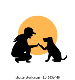 woman and dog greeting silhouette graphic svg