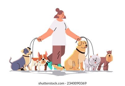 woman dog handler walks with pets best friends domestic animals walking service volunteering pet care concept