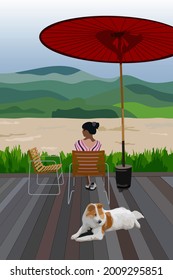 Woman and dog happily relax on wooden floor with river and mountain background, Natural landscape view illustration vector.