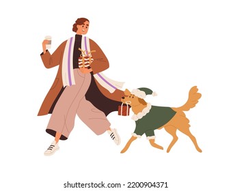 Woman and dog in holiday costume go with Christmas gift box, present on street. Modern girl walking with takeaway coffee and cute doggy. Flat graphic vector illustration isolated on white background