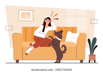 Woman with dog at home. Hostess with pet plays in apartment. Comfort and cosiness in house. Character chilling with domestic animal inside. Cartoon flat vector illustration