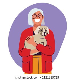 Woman with dog, illustration in flat style