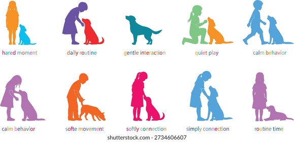 Woman and Dog Interactions in Simple Flat Style