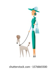 Woman with dog isolated on white background. Holding their domestic animal. Female flat cartoon character. Colorful vector illustration