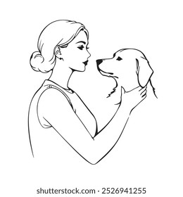 Woman with Dog Line Art Drawing. Dog and Woman Together Line Art Illustration. Minimalist Trendy Contemporary Design Perfect for Wall Art, Prints, Social Media, Posters, Invitations, Branding Design