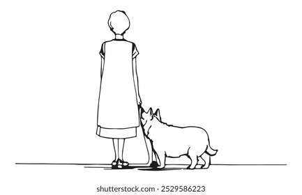 Woman with Dog Line Art Drawing. Dog and Girl Together Line Art Illustration. Minimalist Trendy Contemporary Design Perfect for Wall Art, Prints, Social Media, Posters, Invitations, Branding Design