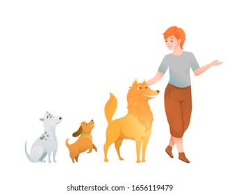 Woman dog lover, owner walking with tree dogs, dog and puppy care lady cartoon design. Adult young woman taking care of three dogs walking, stroking, loving doggies. Vector isolated on white.