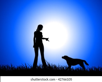 woman and dog on field