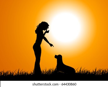 woman and dog on field