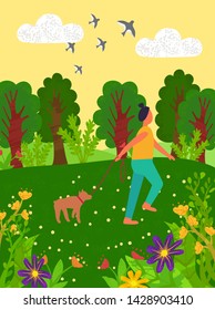 Woman with dog on leash vector, person walking with pet and enjoying nature beauty, trees and flowers in bloom, flying swallows summer season walk