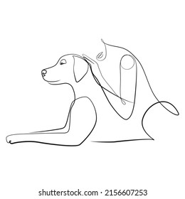 Woman with dog one line drawing on white isolated background