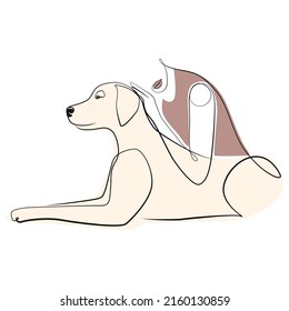 Woman with dog one line drawing on white isolated background